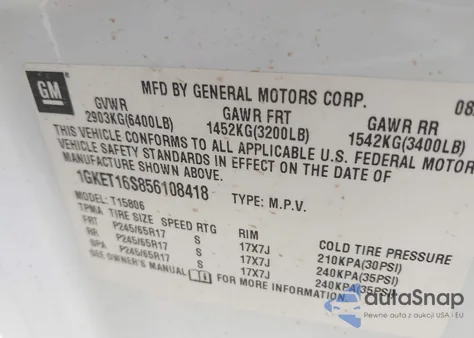 2005 GMC Envoy Xl Sle z USA, uszkodzony, nr VIN 1GKET16S856108418